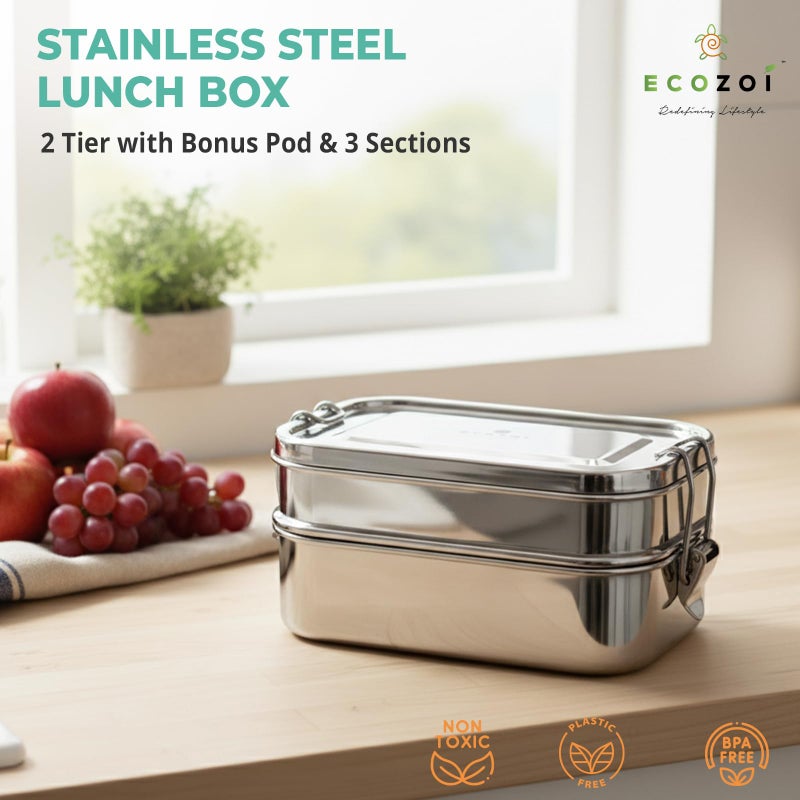 ecozoi Leak Proof Stainless Steel Lunch Box, 3-in-1 Eco Bento Box | Redesigned Silicone Seal + Bonus Lunch Pod | Sustainable Tiffin Eco Friendly Metal Bento Box Food Storage Containers - Image 3